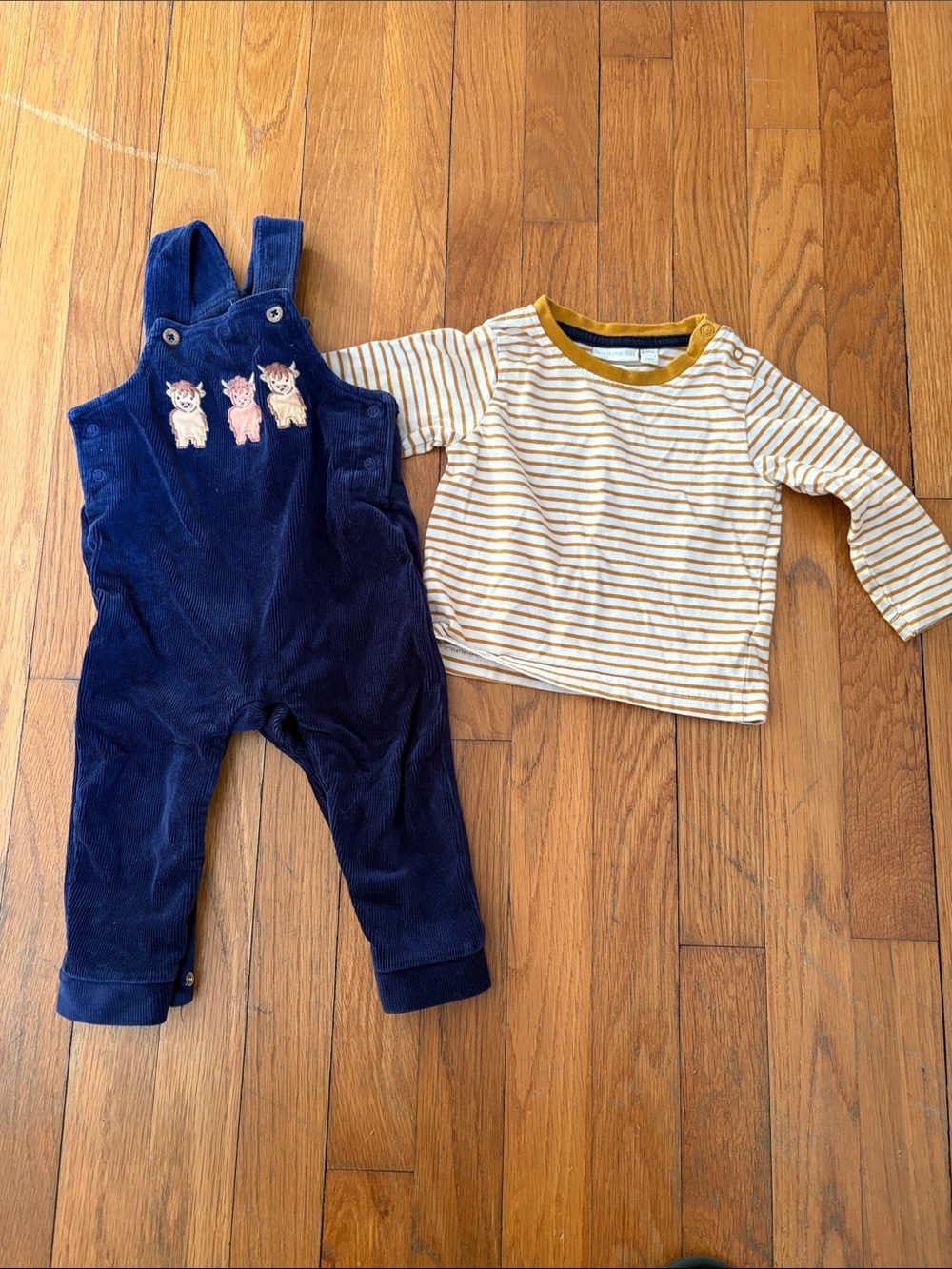 JoJo Maman Bebe Navy Corduroy Overalls with Embroidered Highland cows